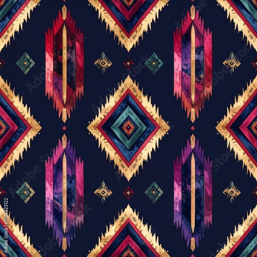 Jewel toned expedition tribal ikat seamless pattern for textile and print