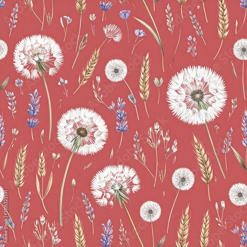 Boho meadow wild dandelion flower seamless pattern for textile and background design