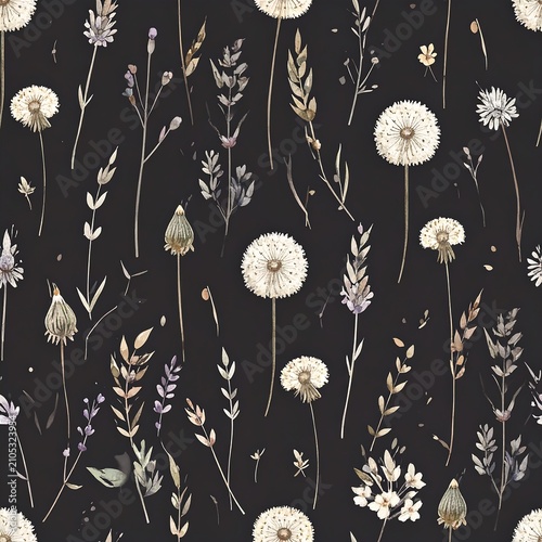 Boho meadow wild dandelion flower seamless pattern for textile and background design