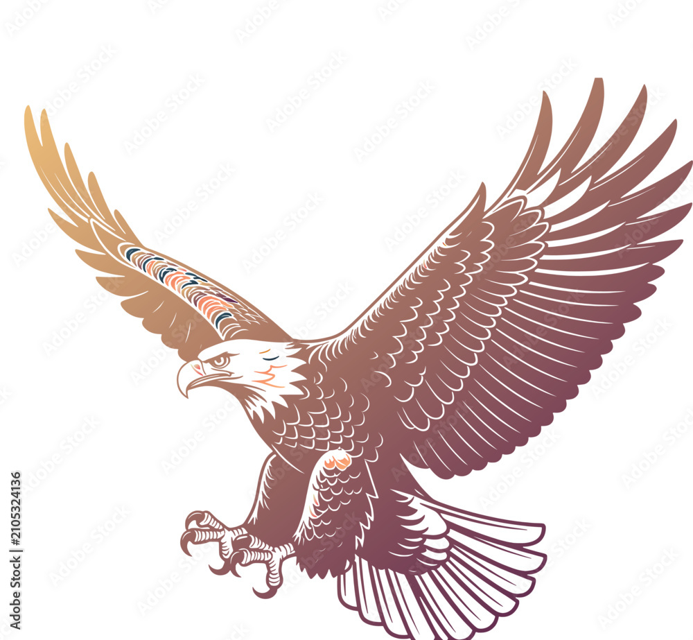Fototapeta premium A majestic eagle flying with wings spread wide in a stylized graphic illustration art design