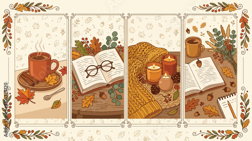 Autumn comfort is illustrated through a series of cozy vignettes featuring a warm cup of coffee, an open book with reading glasses, soft knitted sweaters, scented candles, and vibrant fall leaves.