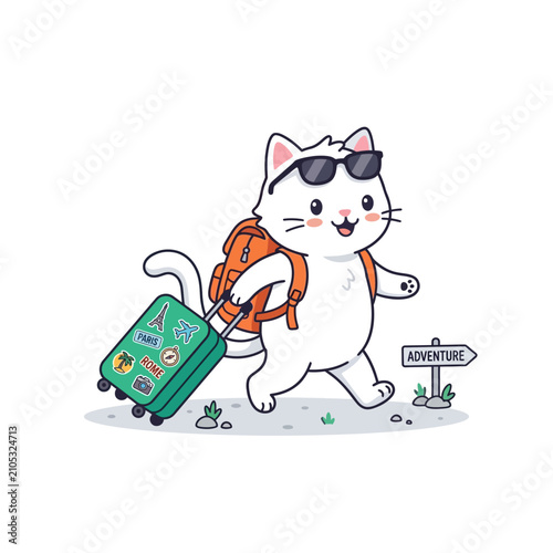 A cute cartoon white cat wearing sunglasses, carrying a backpack, and pulling a green suitcase with travel stickers, walking towards an adventure sign.