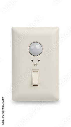 Cream colored wall mounted occupancy sensor light switch with manual toggle control button