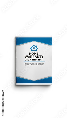 Home warranty agreement document booklet with blue and white contract