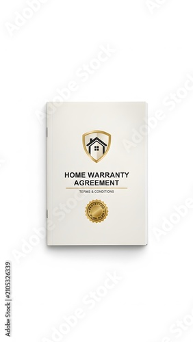Home warranty agreement document with gold shield and terms and conditions stamp on white cover