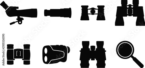 Bild auf Leinwand Optical Viewing Equipment Silhouette Icon Set with Binoculars, Spotting Scope, M