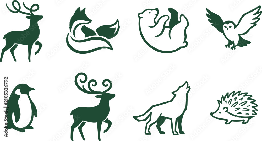 Fototapeta premium Stylized Woodland Animal Logo Collection with Deer Fox Bear Owl Penguin Wolf and Hedgehog Vector Icons