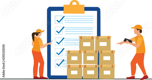 Flat vector illustration of male and female delivery workers in orange uniforms checking off items on a giant clipboard checklist next to a stack of boxes.