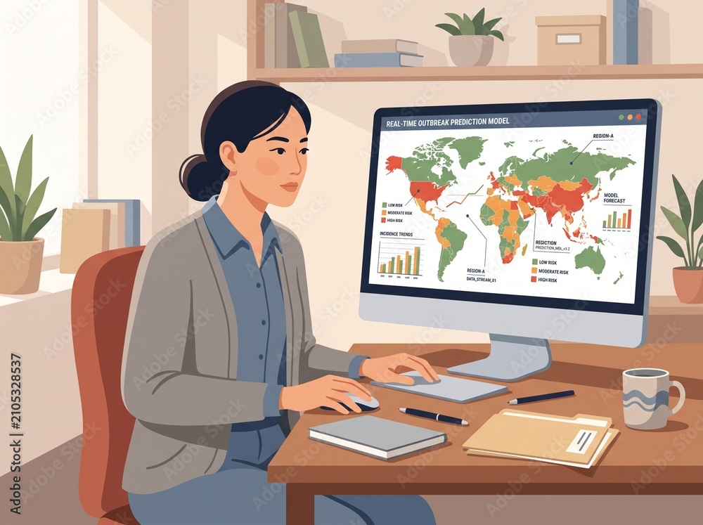 Fototapeta premium A woman sits at a desk focused on her computer that shows a map of the world with highlighted regions. She works on analyzing data related to outbreak predictions