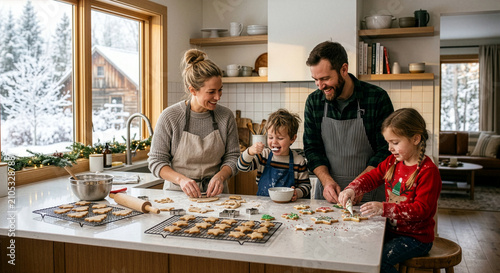 Family Baking Homemade Holiday Cookies Together in Cozy Winter Kitchen