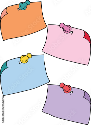 Colorful Sticky Note Illustration Set with Push Pins
