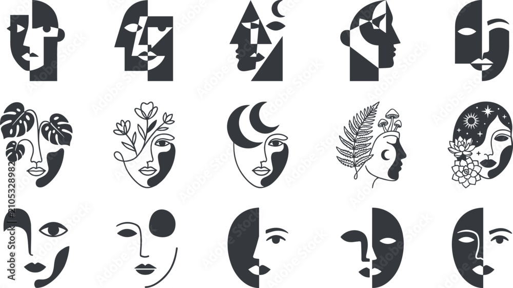 Obraz premium Abstract Minimal Face Logo Collection with Geometric Portraits Botanical Elements Celestial Symbols and Modern Feminine Branding Vector Illustration Set