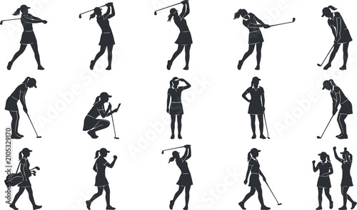Quadro su tela Women's Golf Player Silhouette Collection with Swing Putting Walking Celebration