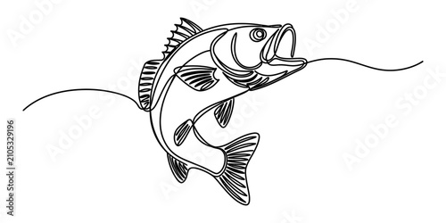 Bild auf Leinwand Continuous single line drawing of a jumping bass fish caught on a fishing line i