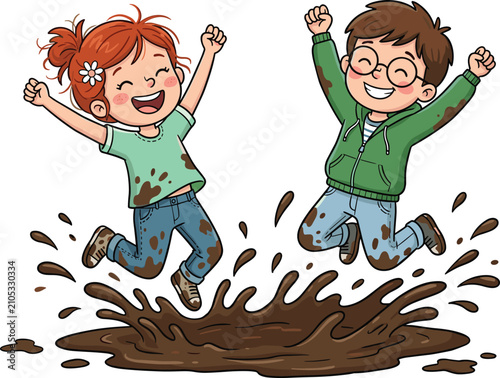 Cute Cartoon Girl and Boy Characters Jumping and Splashing in Dirty Mud Puddle for Happy Messy Childhood Play Concept Vector Designs