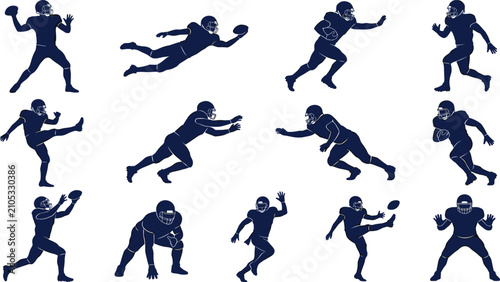 Foto American Football Player Silhouette Collection with Quarterback Running Catching