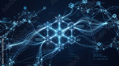 Abstract digital visualization of secure data networking with glowing plexuses and transparent cyber security nodes
