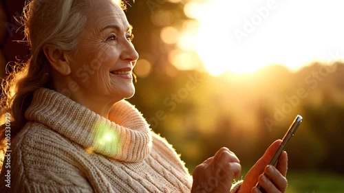 Happy senior woman using smartphone in golden hour light.