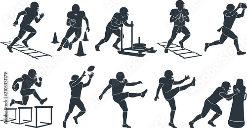 Fotografía American Football Training Drill Silhouette Collection with Agility Ladder Sled