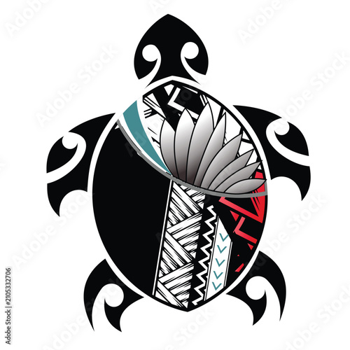 Maori sea turtle with Polynesian tribal ornament, circular blue vector illustration