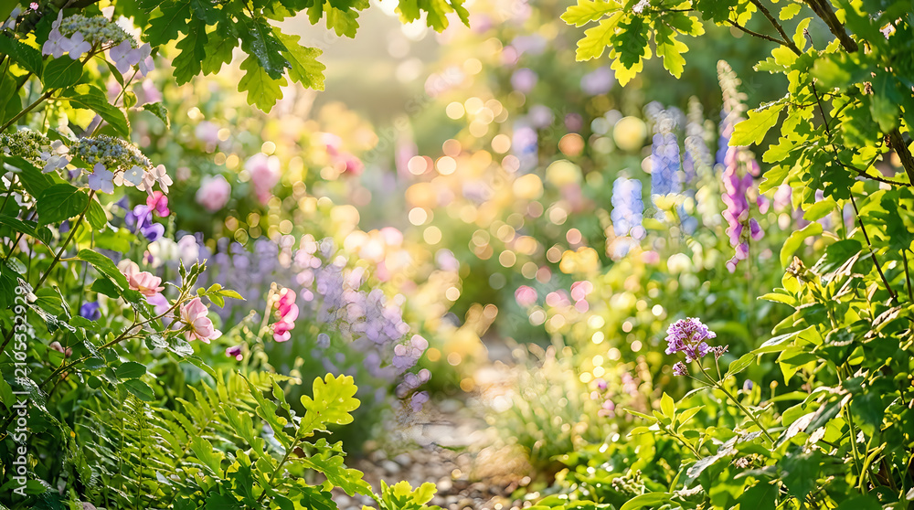 Fototapeta premium Enchanting garden path surrounded by colorful blooming flowers and greenery with soft golden hour sunlight and bokeh effect