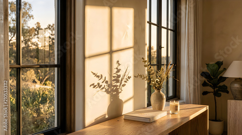 Warm golden hour sunlight streaming through a window casting shadows of a vase with eucalyptus branches onto a textured interior wall