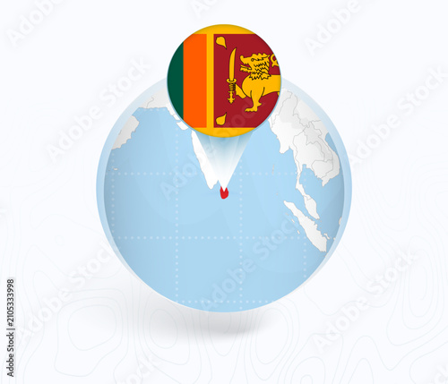 Sri Lanka Map with Round Sri Lanka Flag Pin Pointer on Circular Globe.