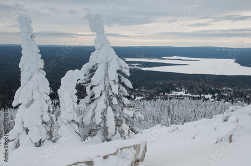 Winter view of Zuratkul national park and lake Zuratkul from the top of Zuratkul mountain ridge, South Ural, Russia