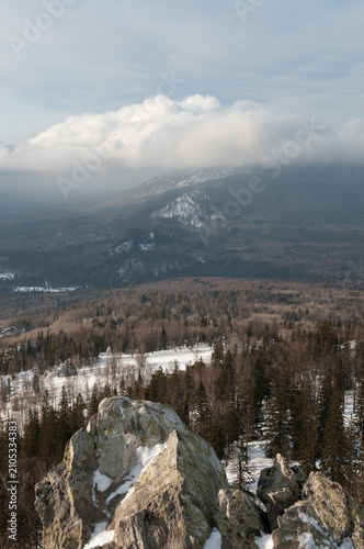 National park Zuratkul in winter seen from the top of Big Kalagaza mountain range, South Ural, Russia