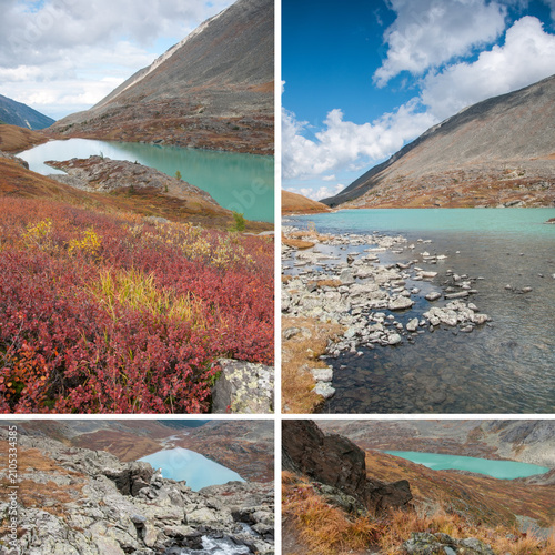 Collage with autumn views of Lower Akchan lake, glacial lake located in the Altai mountains, Russian Federation