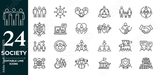 Society cooperation icon set. Contain icons related to showing global society and cooperation concepts. Editable stroke. Vector Collection