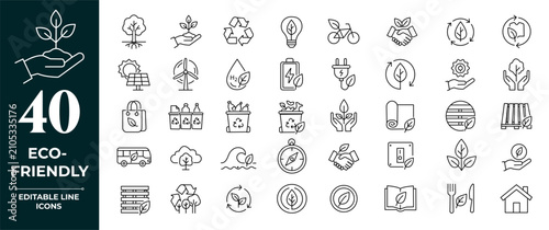 Ecology icon set. Environment, sustainability, nature, recycle, renewable energy; electric bike, eco-friendly, forest, wind power, green symbol. Line  icons vector collection