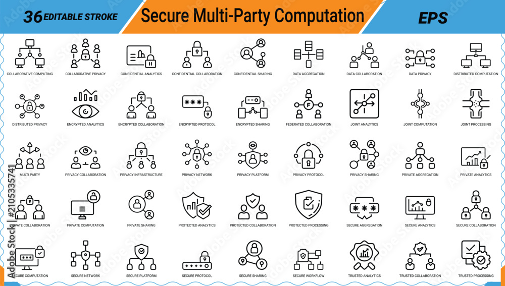 Obraz premium Set of secure multi party computation outline icons for private data analysis workflows.