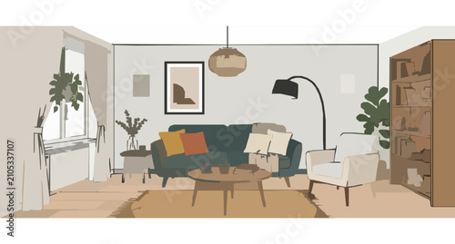 Foto Cozy Living Room Interior with Houseplants Flat Vector Banner