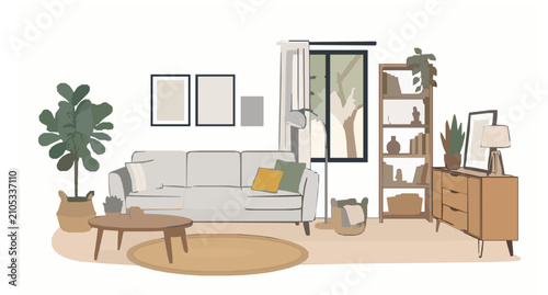 Foto Modern Minimalist Living Room Interior Flat Vector Illustration