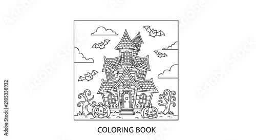 Spooky haunted house coloring page for Halloween with flying bats, creepy pumpkins, and gnarled trees, perfect for children's creative activity and holiday fun.
