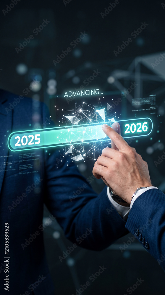 Obraz premium Hand touching a digital interface transitioning from 2025 to 2026, symbolizing progress and future planning