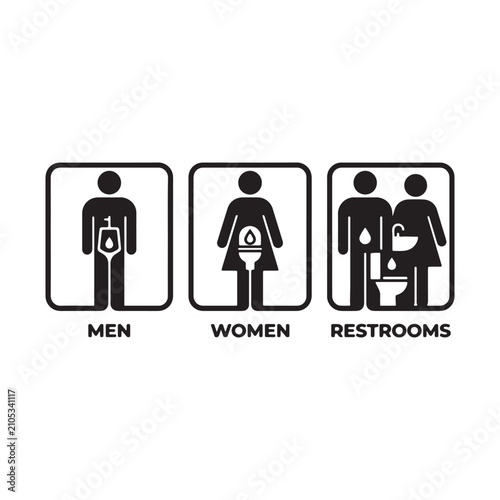 Creative Men Women Restroom Sign Icons Set, Modern Public Toilet Symbols, Bathroom Pictograms with Hygiene Concept, Black and White Vector Illustration