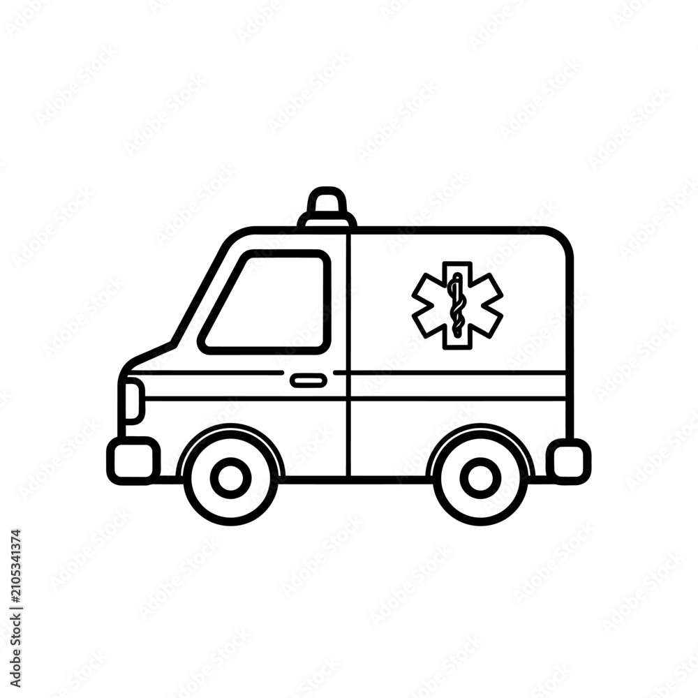 Fototapeta premium Simple line art illustration of an ambulance vehicle with a medical cross symbol, representing emergency medical services and transport.