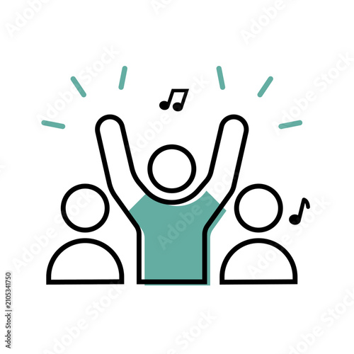 Pictogramme vectoriel d’un public de concert avec une personne levant les bras au milieu de la foule. Illustration minimaliste noire et turquoise sur fond blanc pour festival, musique live, événement