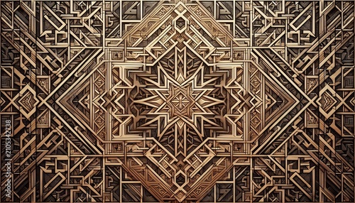 Intricate geometric wood carving with symmetrical tribal patterns