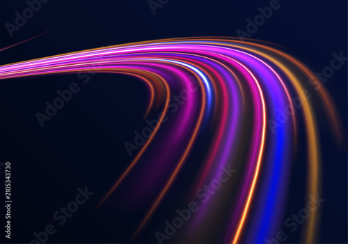 Electric light waves flow across a midnight road. Speed feels endless. Modern technology background.

