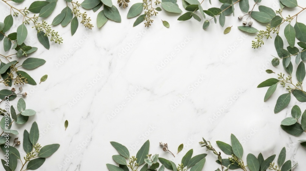 Fototapeta premium Eucalyptus Leaves Border on White Marble Surface Flat Lay
