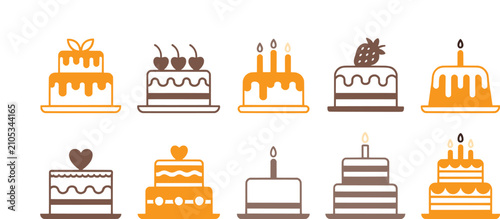 Set of colorful birthday cakes and party dessert icons for celebration and event design projects