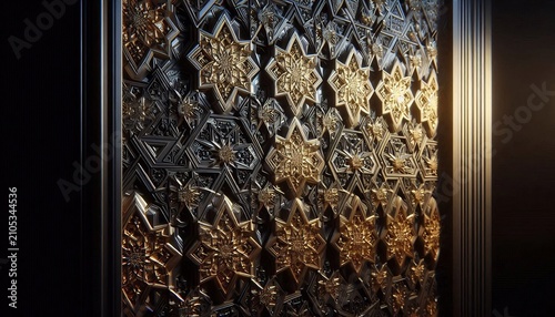 Intricate gold and black geometric star pattern wall panel