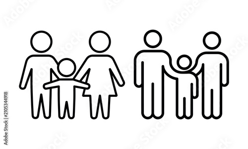 Simple family icon with two parents and child holding hands