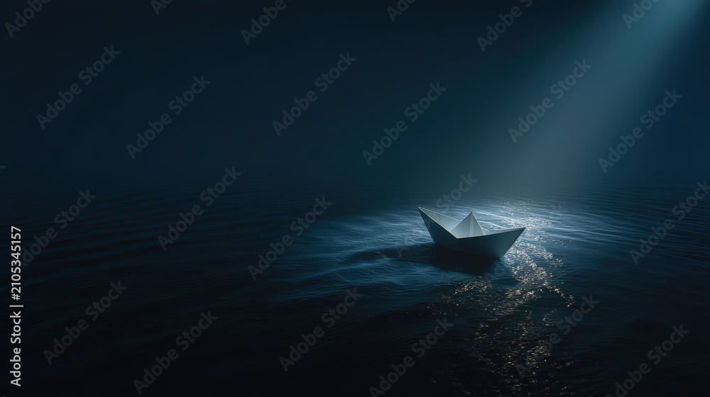 Naklejka premium A lone paper boat navigates the vast, dark ocean, illuminated by a solitary beam of light, evoking a sense of mystery and resilience.