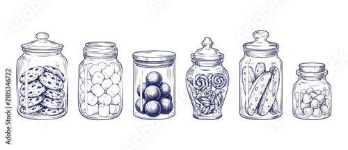 Cookie jar sketch vector illustration featuring glass sweet containers filled with chocolate chip cookies, marshmallows, candy, lollipops, biscotti, and jelly beans in a vintage hand drawn style.