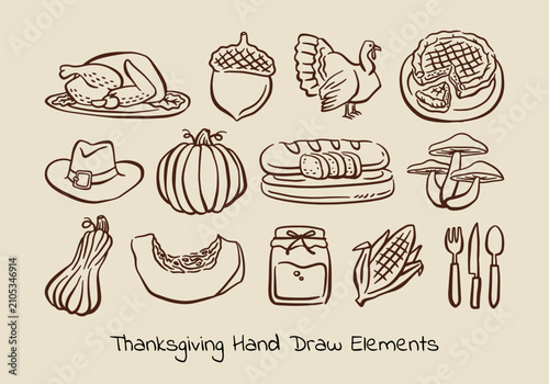 Autumn traditional food icon, thanksgiving day holiday table hand drawn doodle line illustration set. Harvest fall pumpkin, celebration turkey, dessert pie, November eatery design element. Autumn food