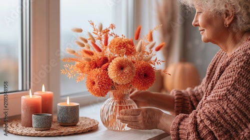 Small Business Owner Arranging Autumn Window Display Spring Flowers